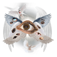 an all seeing eye with wings and doves